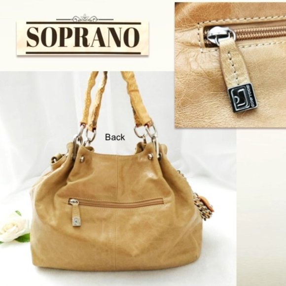 SOPRANO Tan Taupe Orange Soft Leather Satchel Purse Braided Chain Shoulder Bag - Picture 6 of 11